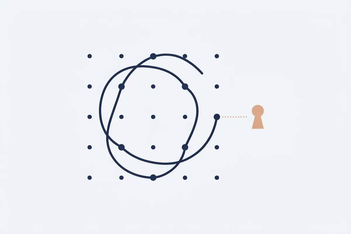 A thin line drawing of a five by five grid of dots with a looping line through six of them, joined by a dotted line to a keyhole.