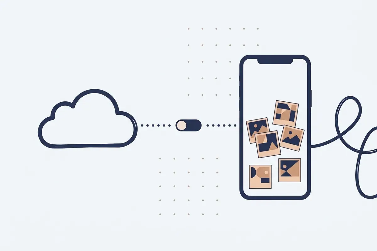 A thin line drawing of a cloud and a phone outline joined by a dotted line with a toggle switch set to off between them, and a few photo tiles inside the phone.