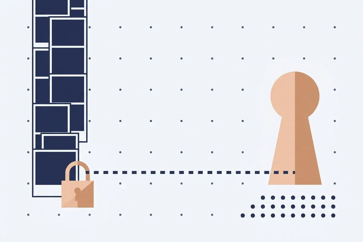 A thin line drawing of a stack of photo tiles with the lowest ones behind a small padlock, joined by a dotted line to a keyhole.